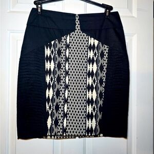 Floreat Anthropologie Woman’s Black Pleated Skirt Abstract Print Panel Size 8